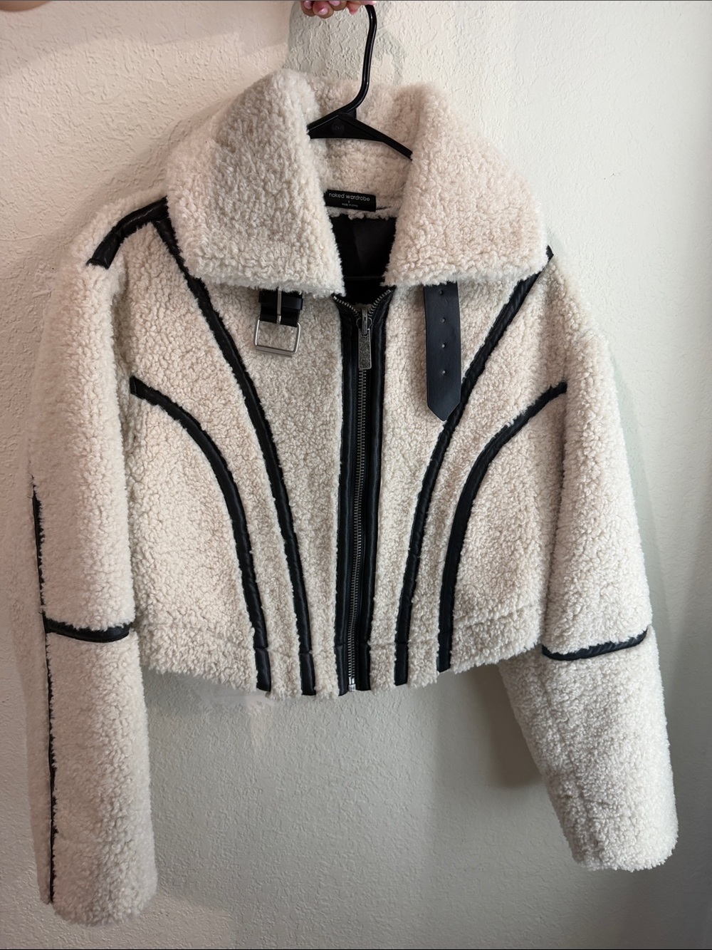 naked wardrobe White Teddy Shearling Jacket with Black Trim